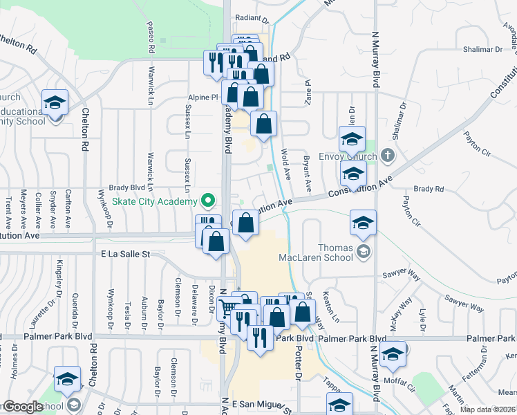 map of restaurants, bars, coffee shops, grocery stores, and more near 3838 Constitution Avenue in Colorado Springs