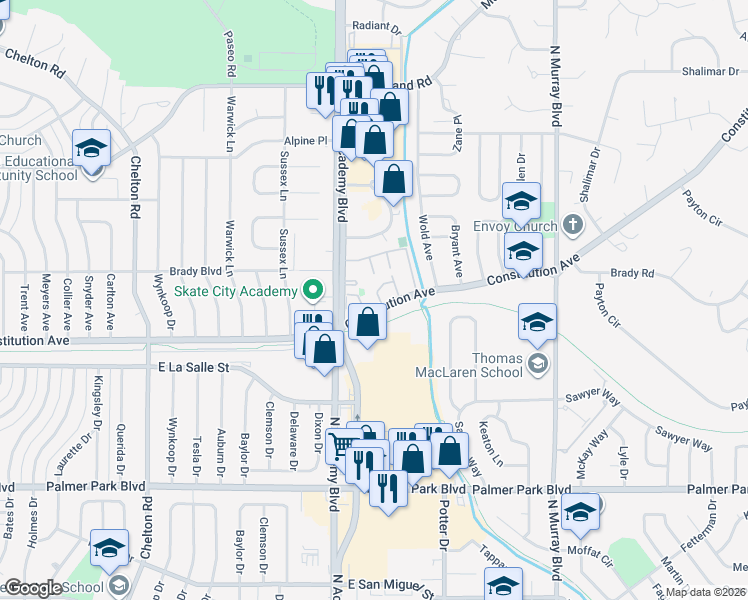 map of restaurants, bars, coffee shops, grocery stores, and more near 3838 Constitution Avenue in Colorado Springs
