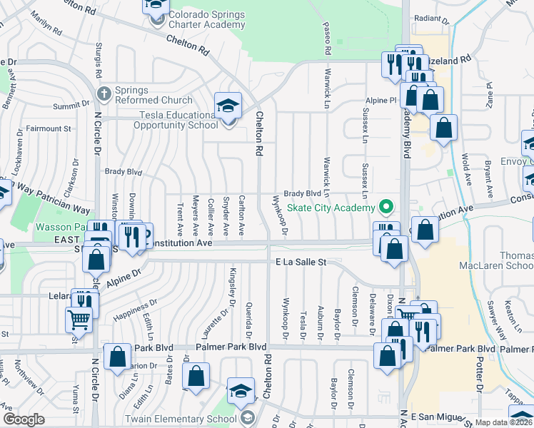 map of restaurants, bars, coffee shops, grocery stores, and more near 1928 North Chelton Road in Colorado Springs