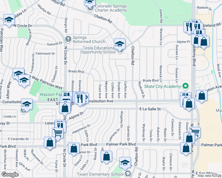 map of restaurants, bars, coffee shops, grocery stores, and more near 1924 Collier Avenue in Colorado Springs