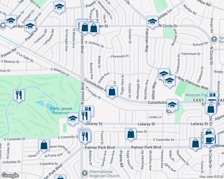 map of restaurants, bars, coffee shops, grocery stores, and more near 2114 Constitution Avenue in Colorado Springs