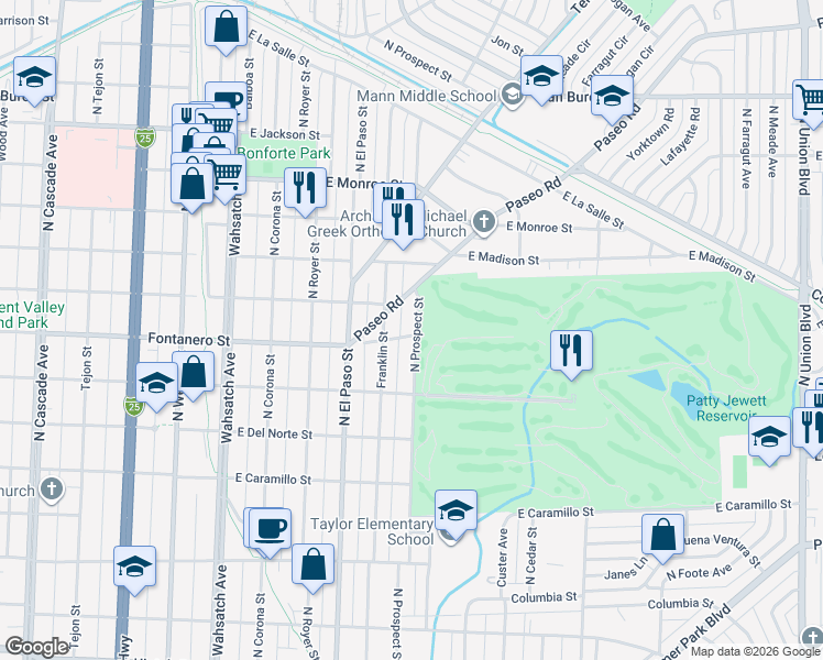 map of restaurants, bars, coffee shops, grocery stores, and more near 820 East Fontanero Street in Colorado Springs