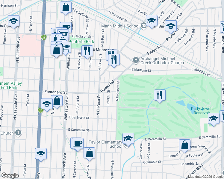 map of restaurants, bars, coffee shops, grocery stores, and more near 820 East Fontanero Street in Colorado Springs