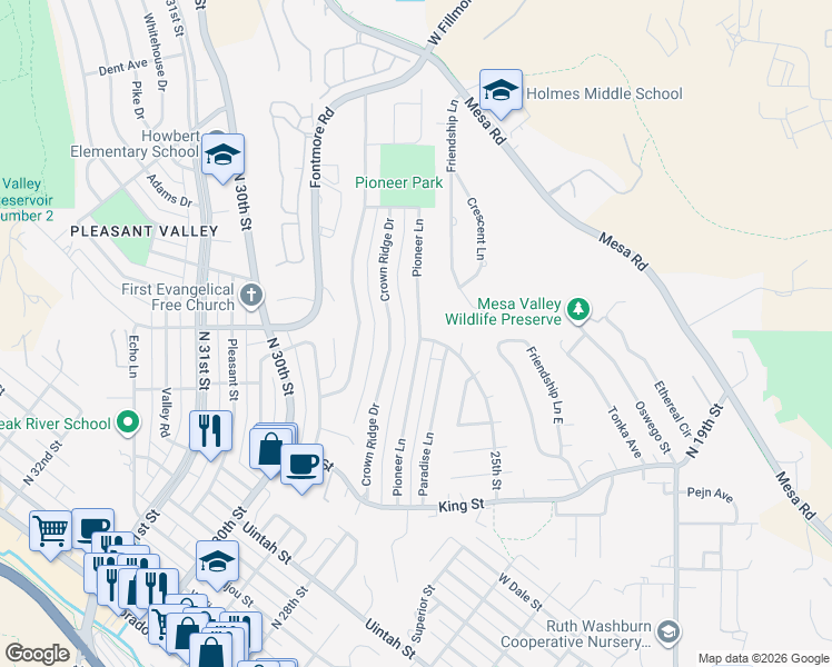 map of restaurants, bars, coffee shops, grocery stores, and more near 747 Crown Ridge Drive in Colorado Springs