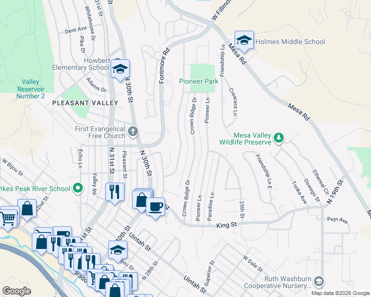 map of restaurants, bars, coffee shops, grocery stores, and more near 741 Panorama Drive in Colorado Springs