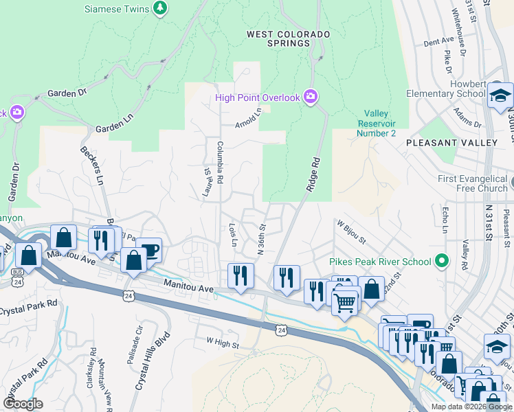 map of restaurants, bars, coffee shops, grocery stores, and more near 3710 Saint Charles Street in Colorado Springs