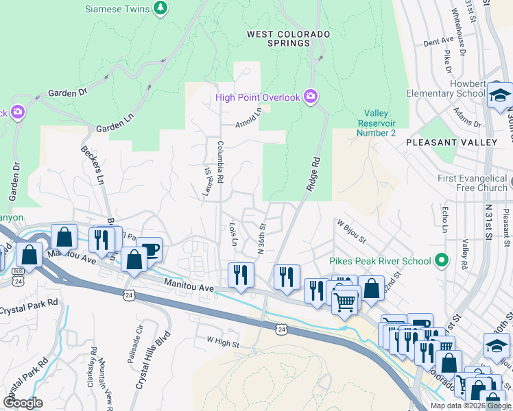 map of restaurants, bars, coffee shops, grocery stores, and more near 3710 Saint Charles Street in Colorado Springs