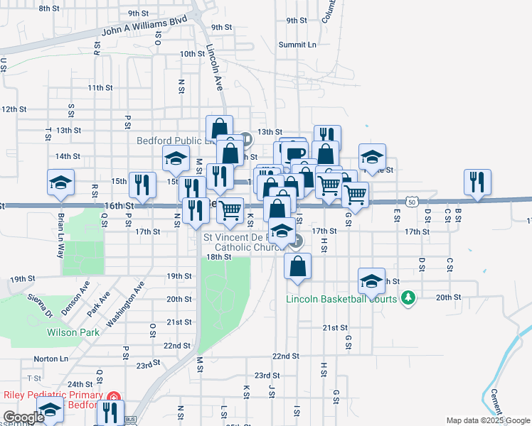 map of restaurants, bars, coffee shops, grocery stores, and more near 1613 J Street in Bedford