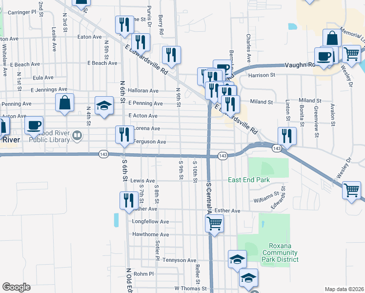 map of restaurants, bars, coffee shops, grocery stores, and more near 907 East Madison Avenue in Wood River