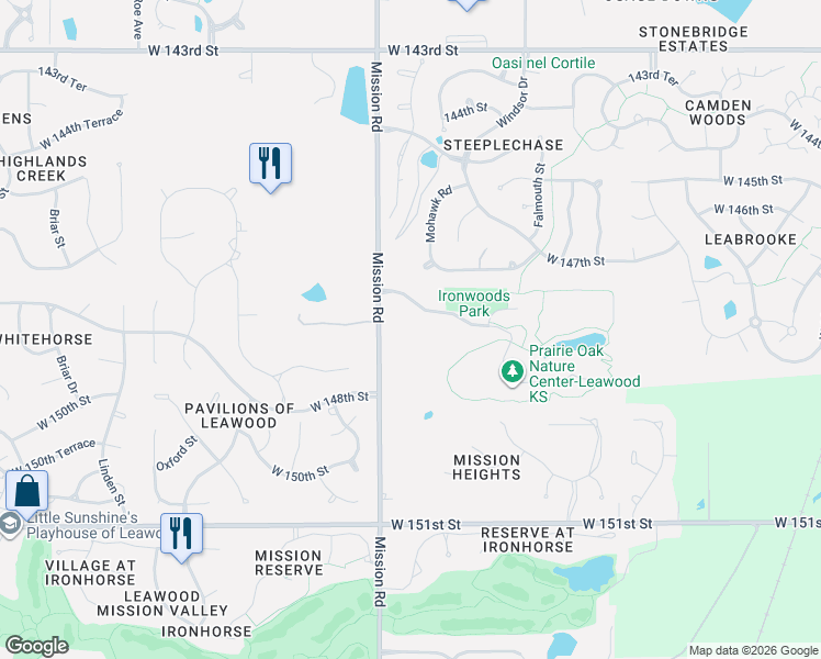 map of restaurants, bars, coffee shops, grocery stores, and more near 14707 Mission Road in Overland Park