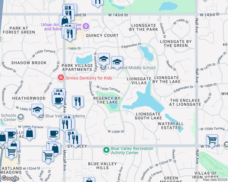 map of restaurants, bars, coffee shops, grocery stores, and more near 6403 West 147th Terrace in Overland Park