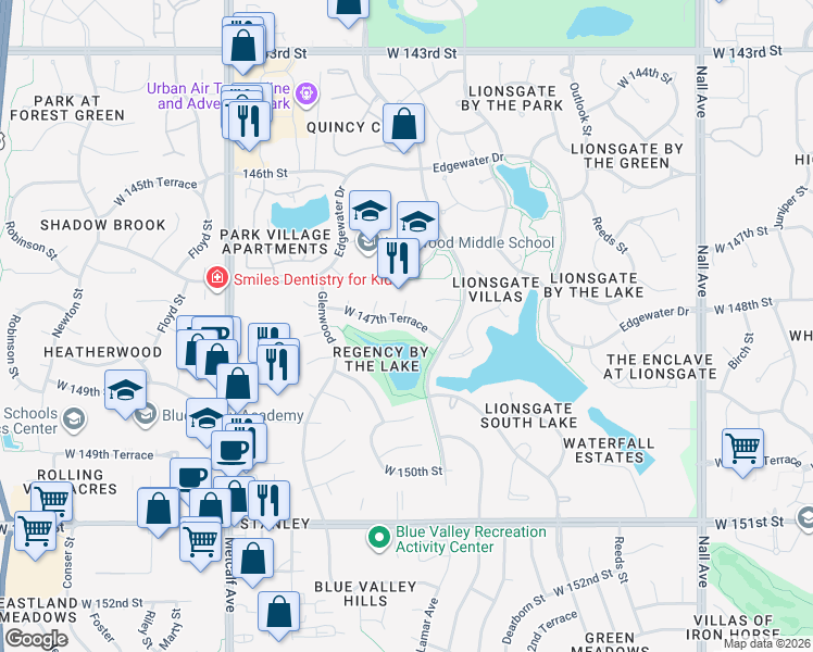 map of restaurants, bars, coffee shops, grocery stores, and more near 6403 West 147th Terrace in Overland Park