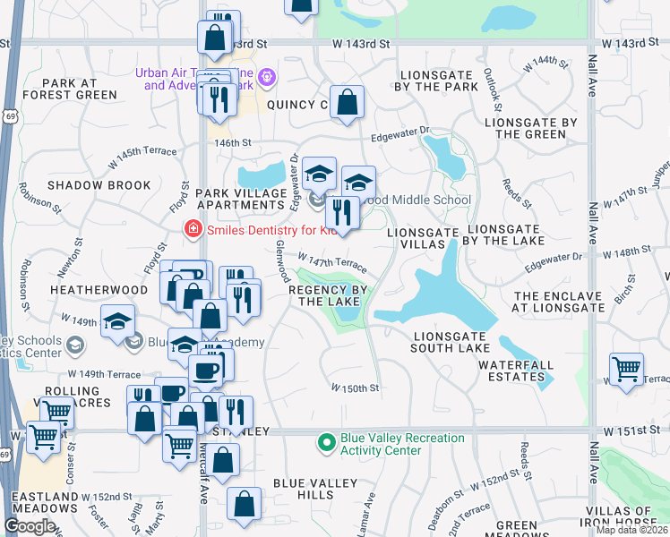 map of restaurants, bars, coffee shops, grocery stores, and more near 6519 West 147th Terrace in Overland Park