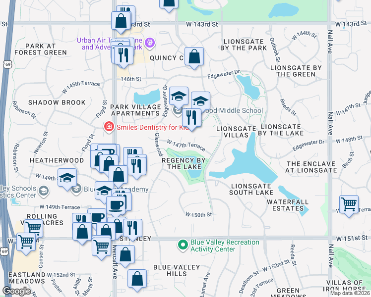 map of restaurants, bars, coffee shops, grocery stores, and more near 6519 West 147th Terrace in Overland Park