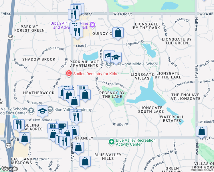 map of restaurants, bars, coffee shops, grocery stores, and more near 6519 West 147th Terrace in Overland Park