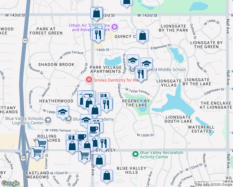 map of restaurants, bars, coffee shops, grocery stores, and more near 6712 West 148th Street in Overland Park