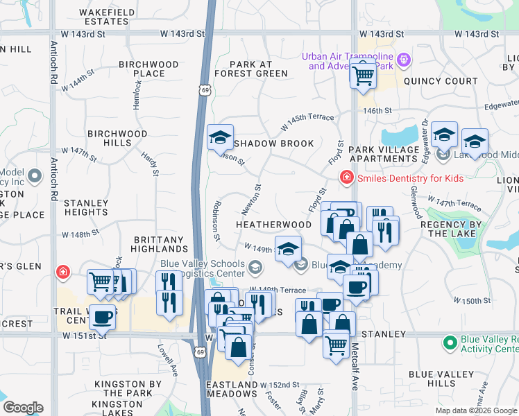 map of restaurants, bars, coffee shops, grocery stores, and more near 7621 West 148th Street in Overland Park