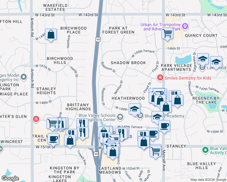 map of restaurants, bars, coffee shops, grocery stores, and more near 14824 Newton Street in Overland Park