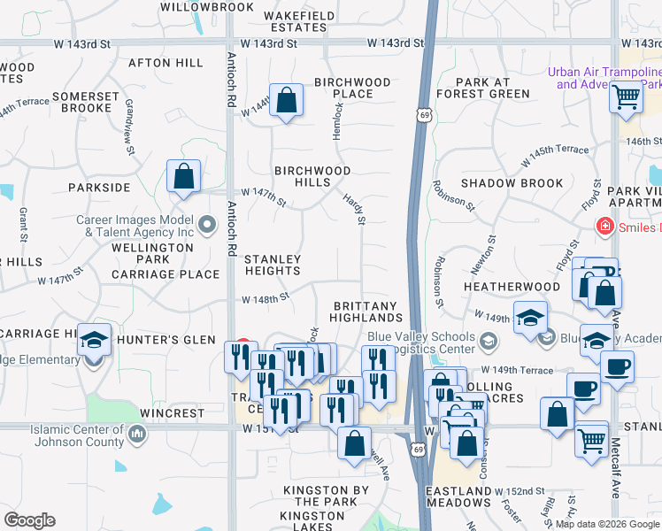 map of restaurants, bars, coffee shops, grocery stores, and more near 14724 Goodman Street in Overland Park
