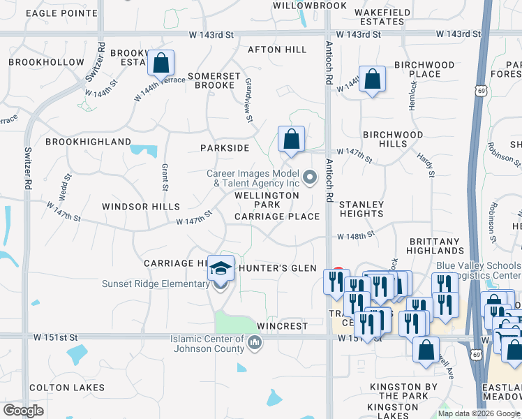 map of restaurants, bars, coffee shops, grocery stores, and more near 9009 147th Place in Overland Park