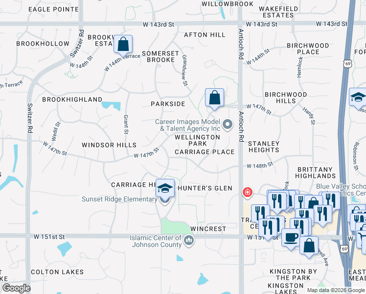 map of restaurants, bars, coffee shops, grocery stores, and more near 14712 Grandview Street in Overland Park