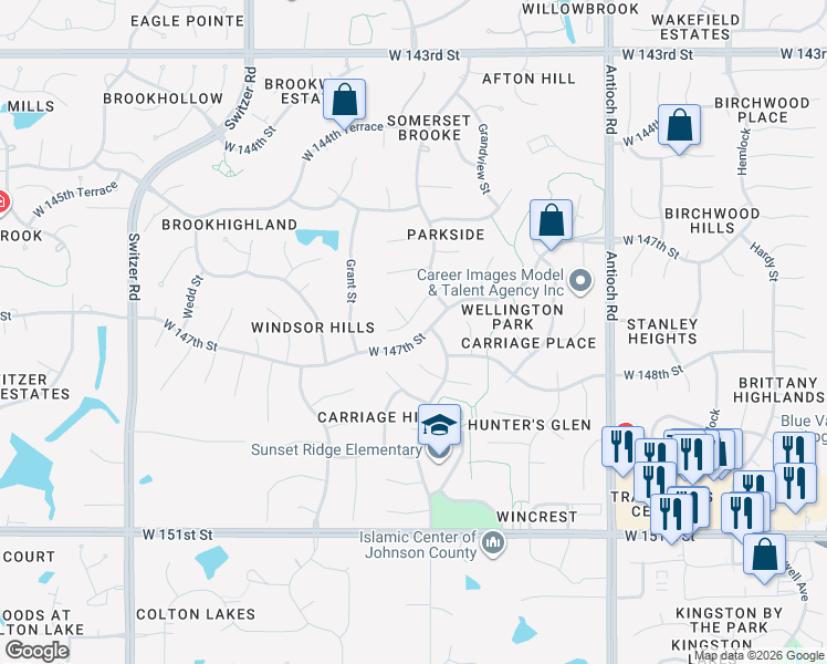 map of restaurants, bars, coffee shops, grocery stores, and more near 14702 England Street in Overland Park