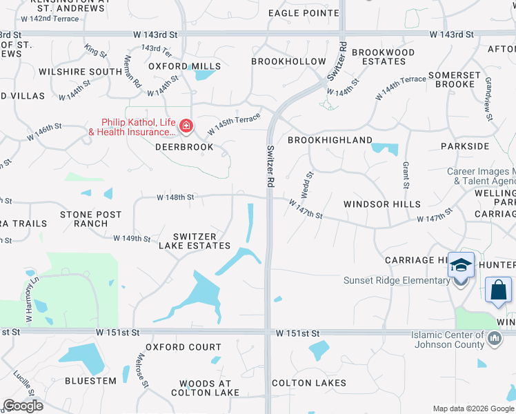 map of restaurants, bars, coffee shops, grocery stores, and more near 14810 Switzer Road in Overland Park