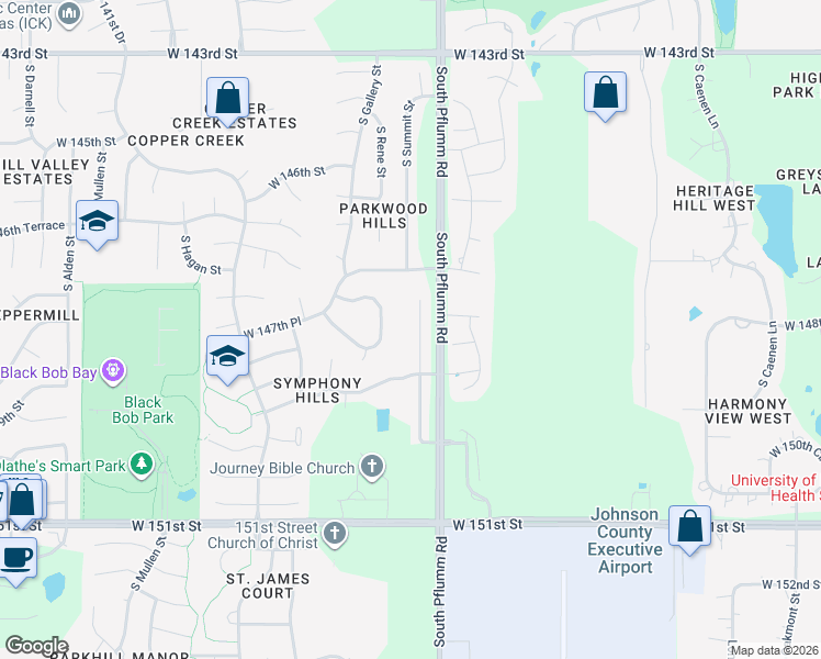 map of restaurants, bars, coffee shops, grocery stores, and more near 14875 South Summit Street in Olathe