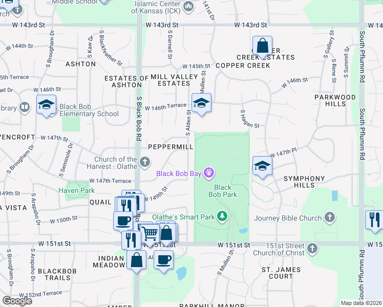 map of restaurants, bars, coffee shops, grocery stores, and more near 14783 South Alden Street in Olathe
