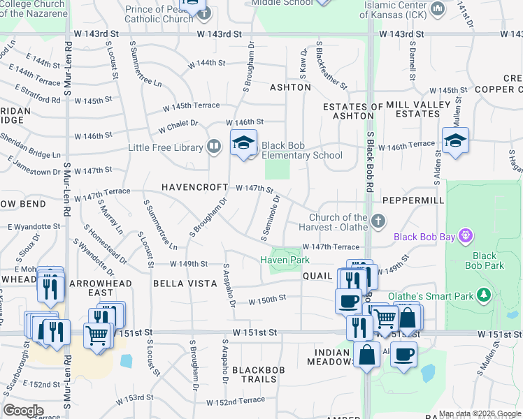 map of restaurants, bars, coffee shops, grocery stores, and more near 14709 South Seminole Drive in Olathe