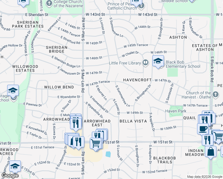 map of restaurants, bars, coffee shops, grocery stores, and more near 14730 South Locust Street in Olathe