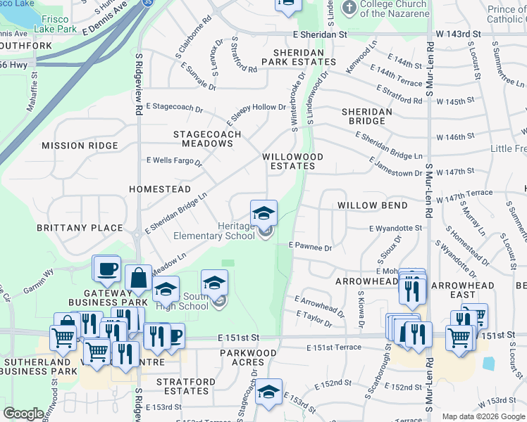 map of restaurants, bars, coffee shops, grocery stores, and more near 1455 East Orleans Drive in Olathe
