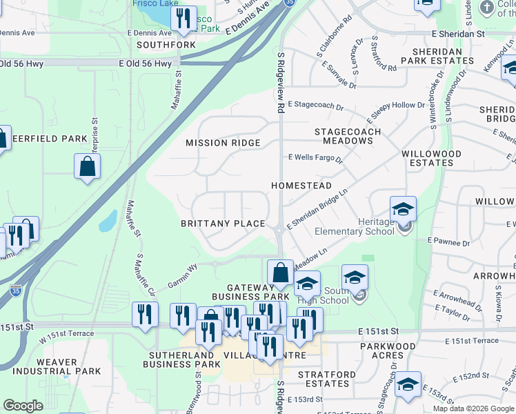 map of restaurants, bars, coffee shops, grocery stores, and more near 1368 South Hunter Drive in Olathe