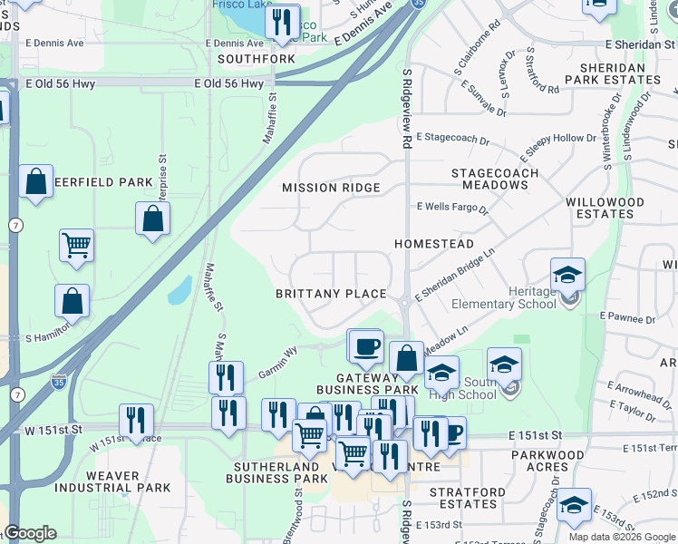 map of restaurants, bars, coffee shops, grocery stores, and more near 1369 South Hunter Drive in Olathe