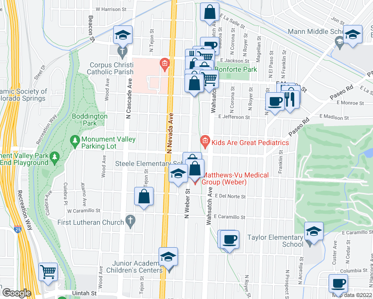 map of restaurants, bars, coffee shops, grocery stores, and more near 232 East Fontanero Street in Colorado Springs
