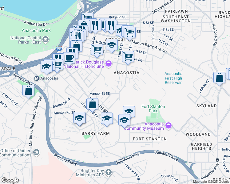 map of restaurants, bars, coffee shops, grocery stores, and more near 1492 Bangor Street Southeast in Washington