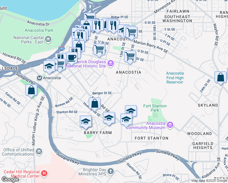 map of restaurants, bars, coffee shops, grocery stores, and more near 1476 Bangor Street Southeast in Washington