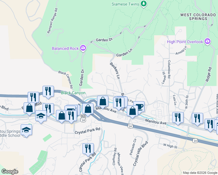 map of restaurants, bars, coffee shops, grocery stores, and more near 110 Vía San Miguel in Manitou Springs