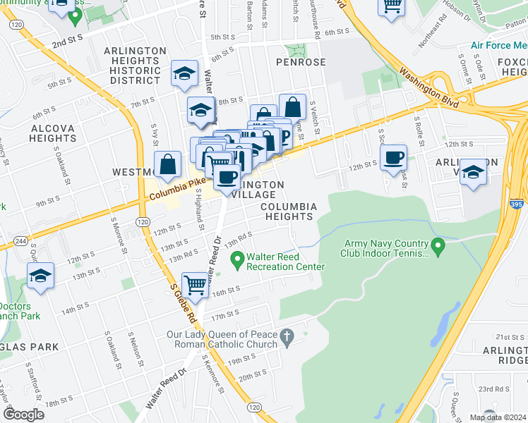 map of restaurants, bars, coffee shops, grocery stores, and more near 2701 13th Street South in Arlington