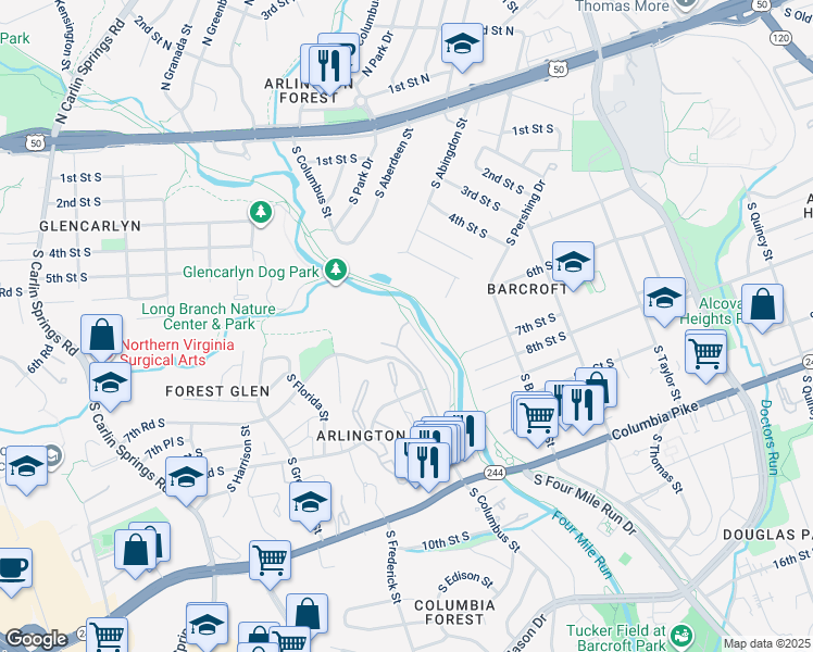 map of restaurants, bars, coffee shops, grocery stores, and more near 706 South Arlington Mill Drive in Arlington