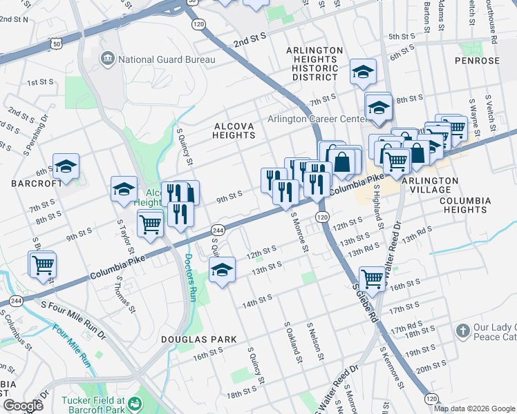 map of restaurants, bars, coffee shops, grocery stores, and more near 2501 9th Road South in Arlington