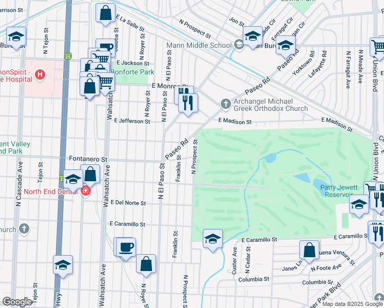 map of restaurants, bars, coffee shops, grocery stores, and more near 820 East Fontanero Street in Colorado Springs