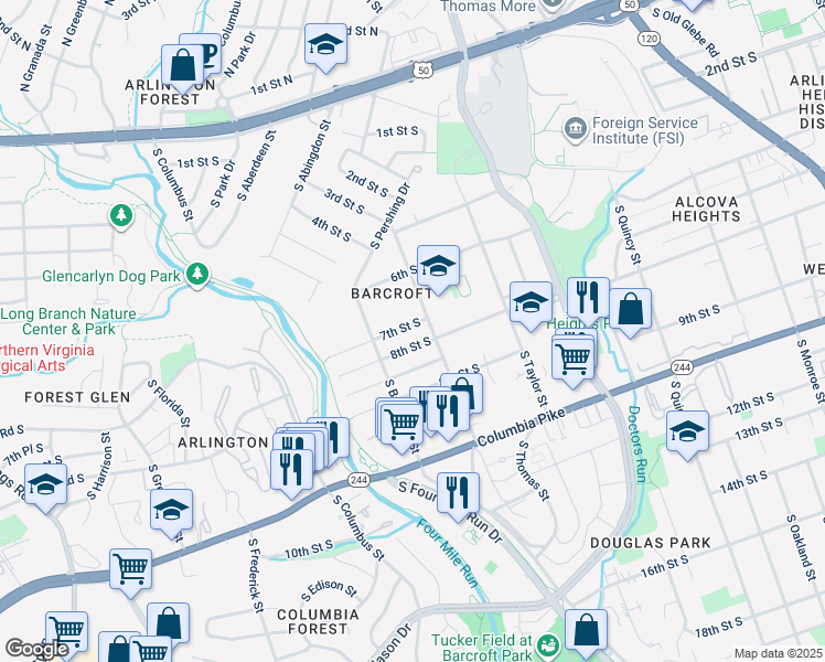 map of restaurants, bars, coffee shops, grocery stores, and more near 4612 7th Street South in Arlington