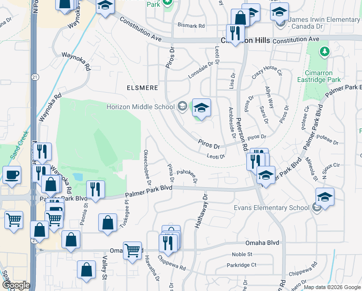 map of restaurants, bars, coffee shops, grocery stores, and more near 1745 Leoti Drive in Colorado Springs