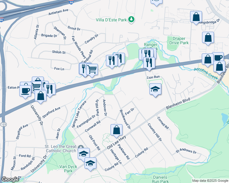 map of restaurants, bars, coffee shops, grocery stores, and more near 10012 Spring Lake Terrace in Fairfax