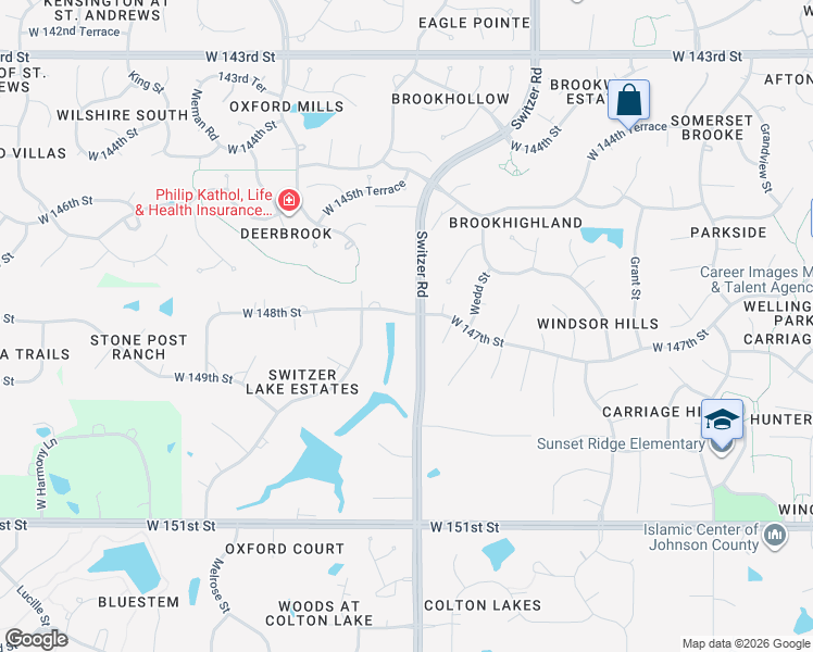 map of restaurants, bars, coffee shops, grocery stores, and more near 14810 Switzer Road in Overland Park