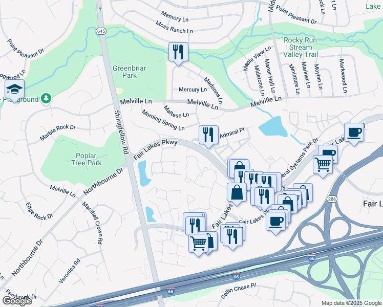 map of restaurants, bars, coffee shops, grocery stores, and more near 13110 Tall Shadows Lane in Fairfax