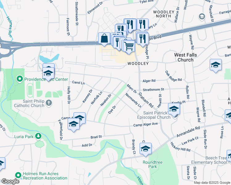 map of restaurants, bars, coffee shops, grocery stores, and more near 7304 Carol Lane in Falls Church