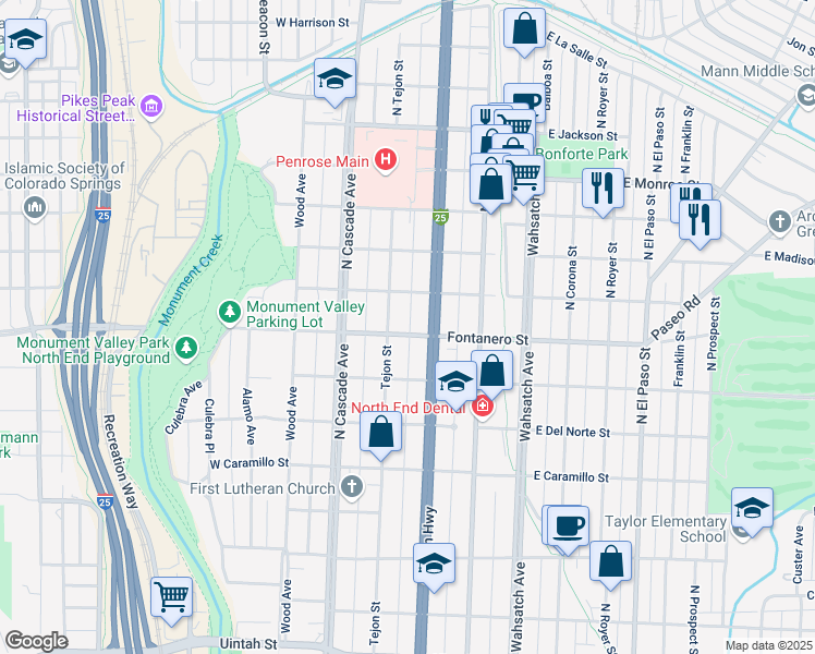 map of restaurants, bars, coffee shops, grocery stores, and more near 116 East Fontanero Street in Colorado Springs