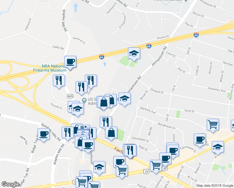 map of restaurants, bars, coffee shops, grocery stores, and more near 11128 Rock Garden Drive in Fairfax